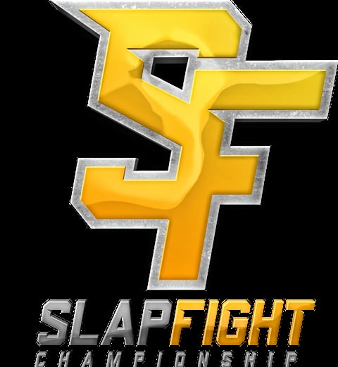 Slapfight Championship logo featuring a yellow stylized hand with metallic silver outline and border