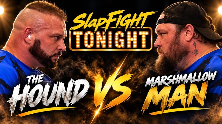 SlappFight Tonight wrestling event promotional image showing The Hound vs Marshmallow Man with two competitors and golden effects