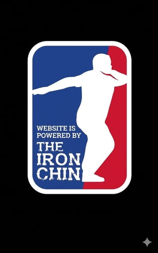 Logo parody of NBA basketball emblem with white silhouette of person in squat position, blue and red background, text reads Website is Powered by The Iron Chin