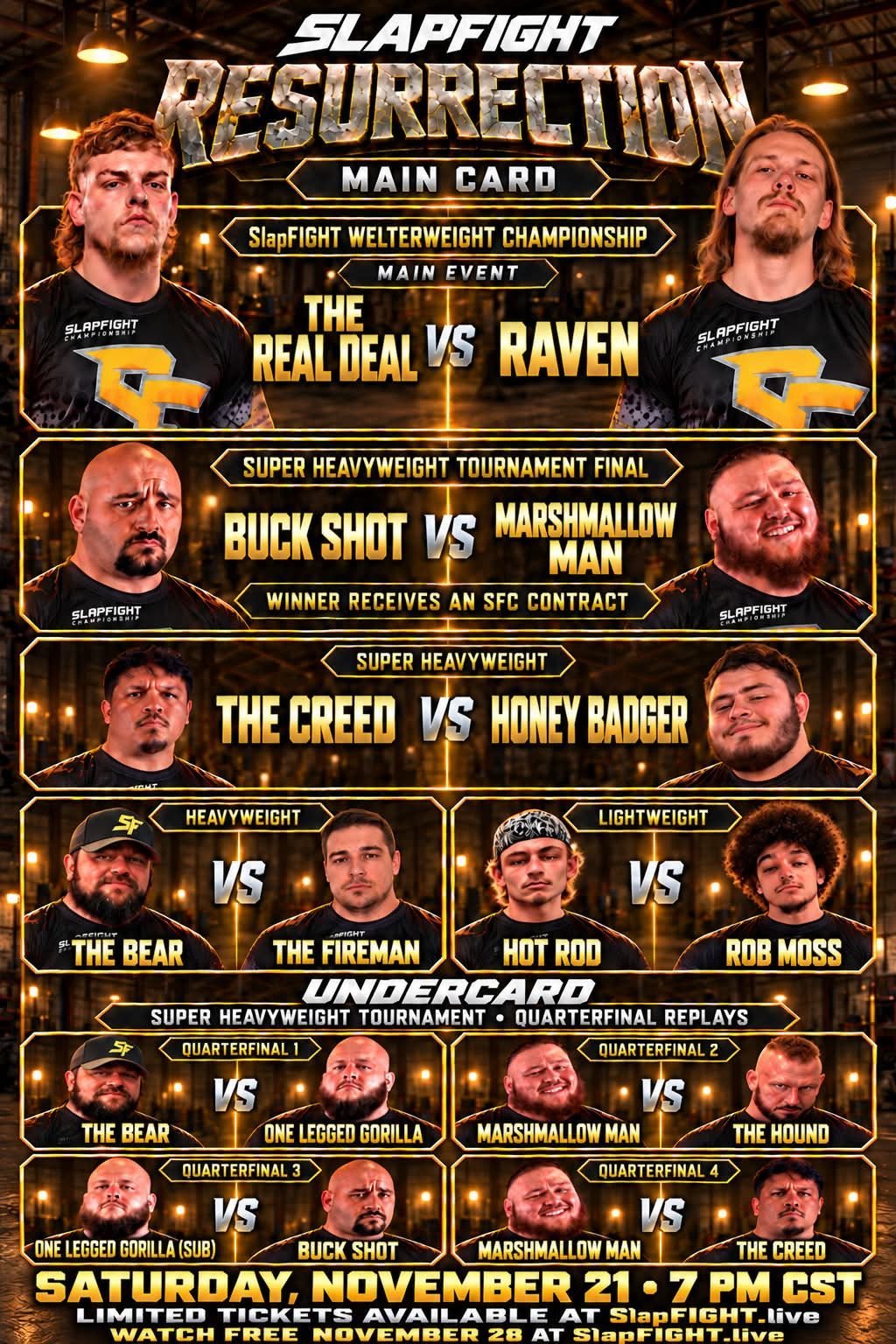 SlapFIGHT Resurrection fight card poster featuring main event The Real Deal vs Raven for welterweight championship, plus tournament matches and undercard bouts on November 21